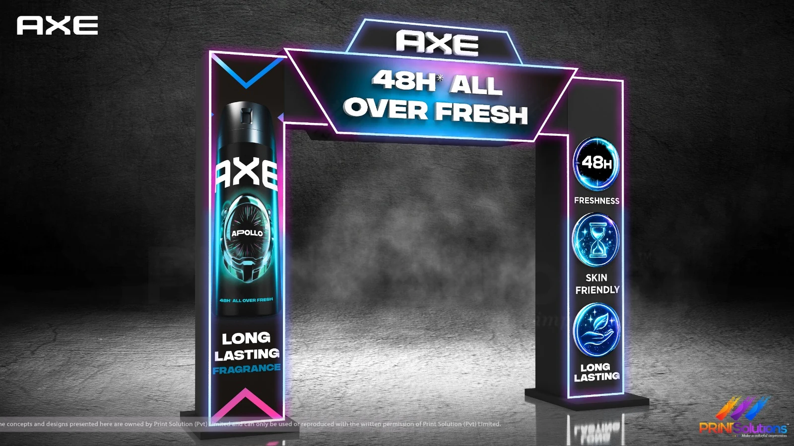 Render of the AXE entrance arch with lit uprights