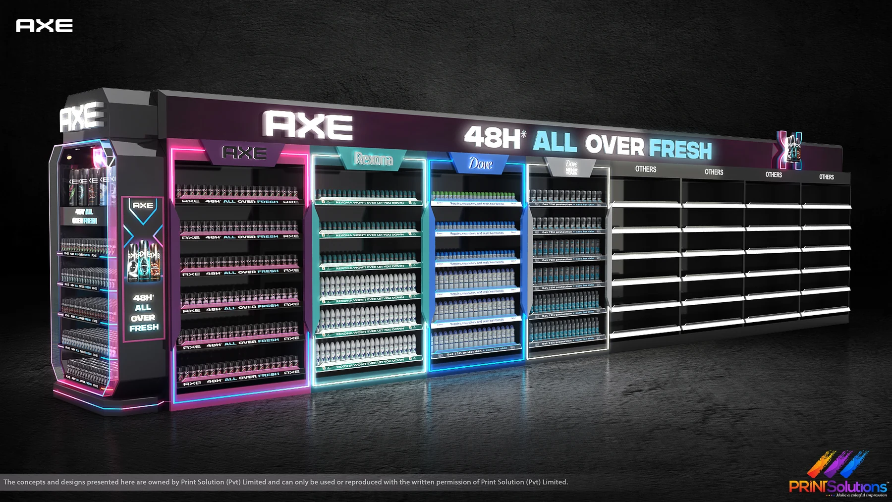 Render of the AXE deodorant category run with lit header