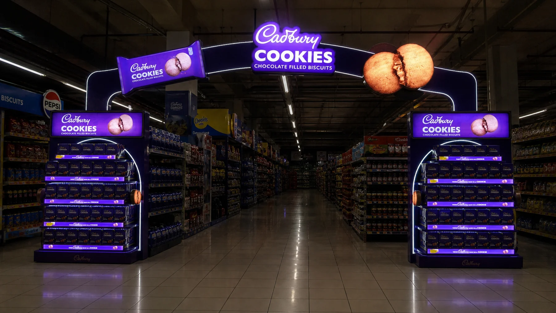 Illuminated Cadbury Cookies header on the purple gantry