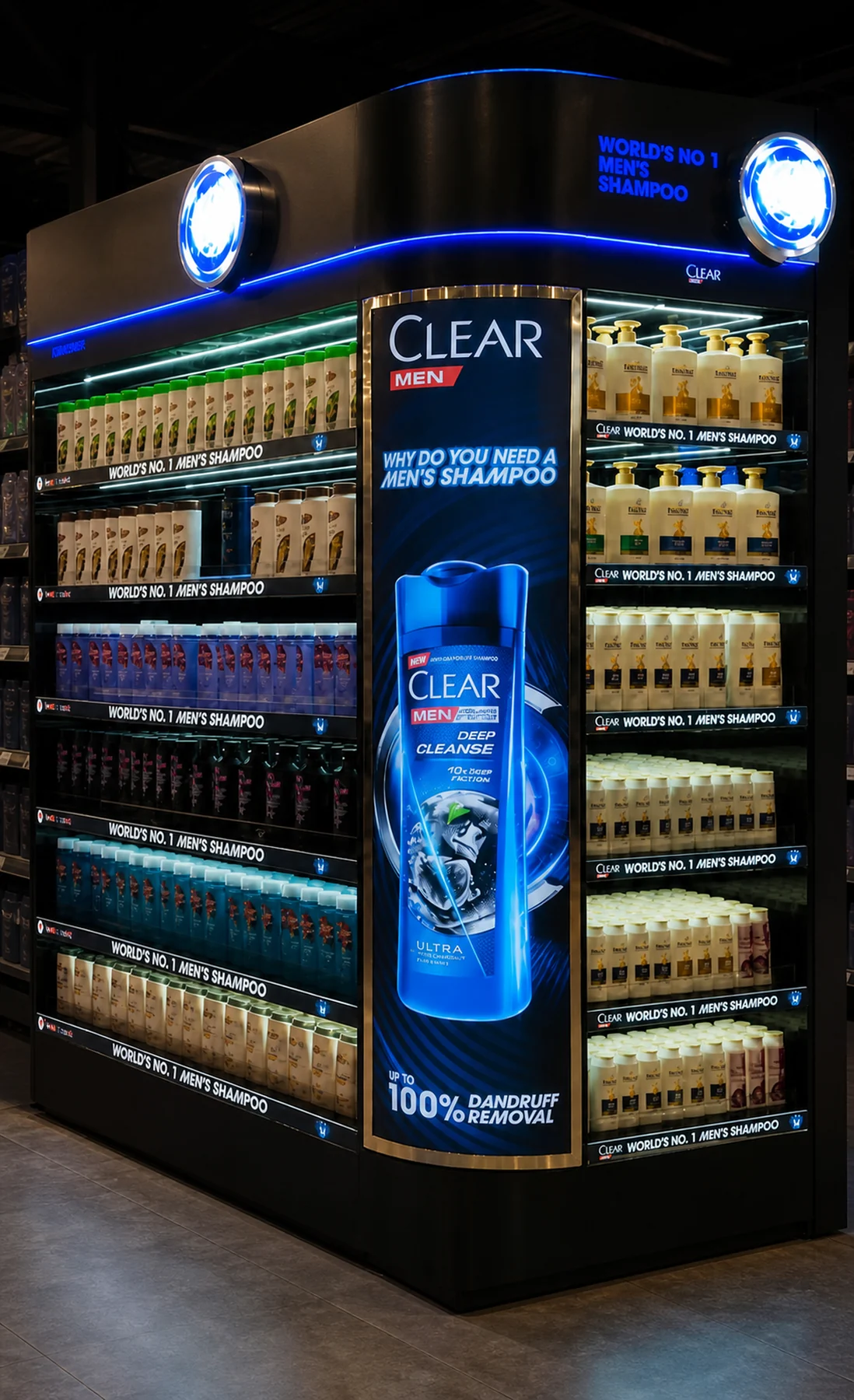 Cinematic wide view of the Clear Men illuminated hair-care category wall