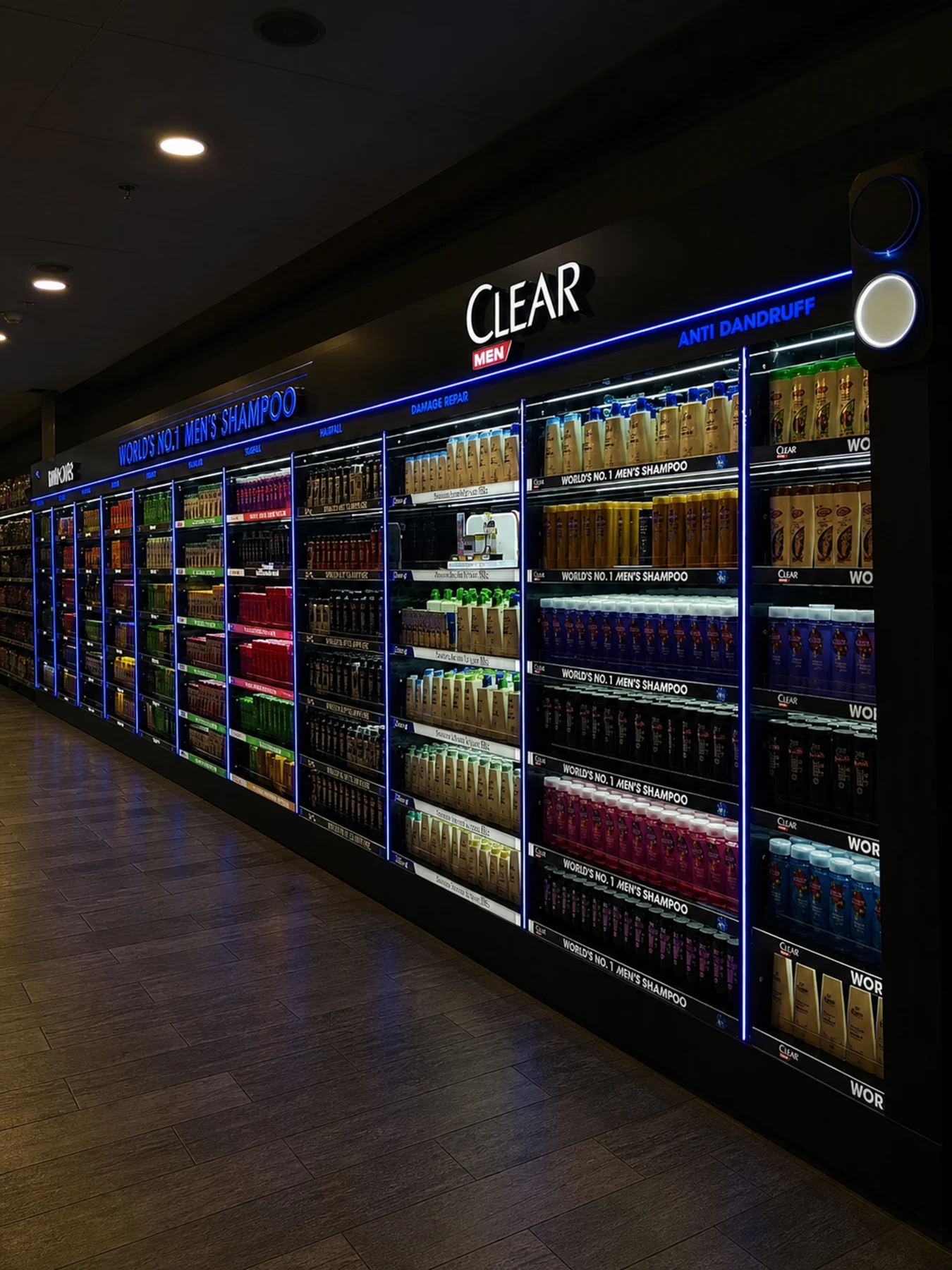 Clear Men brand zone within the illuminated hair-care category wall