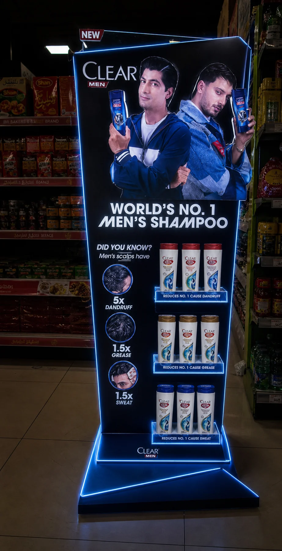 Front view of the Clear Men illuminated freestanding retail unit