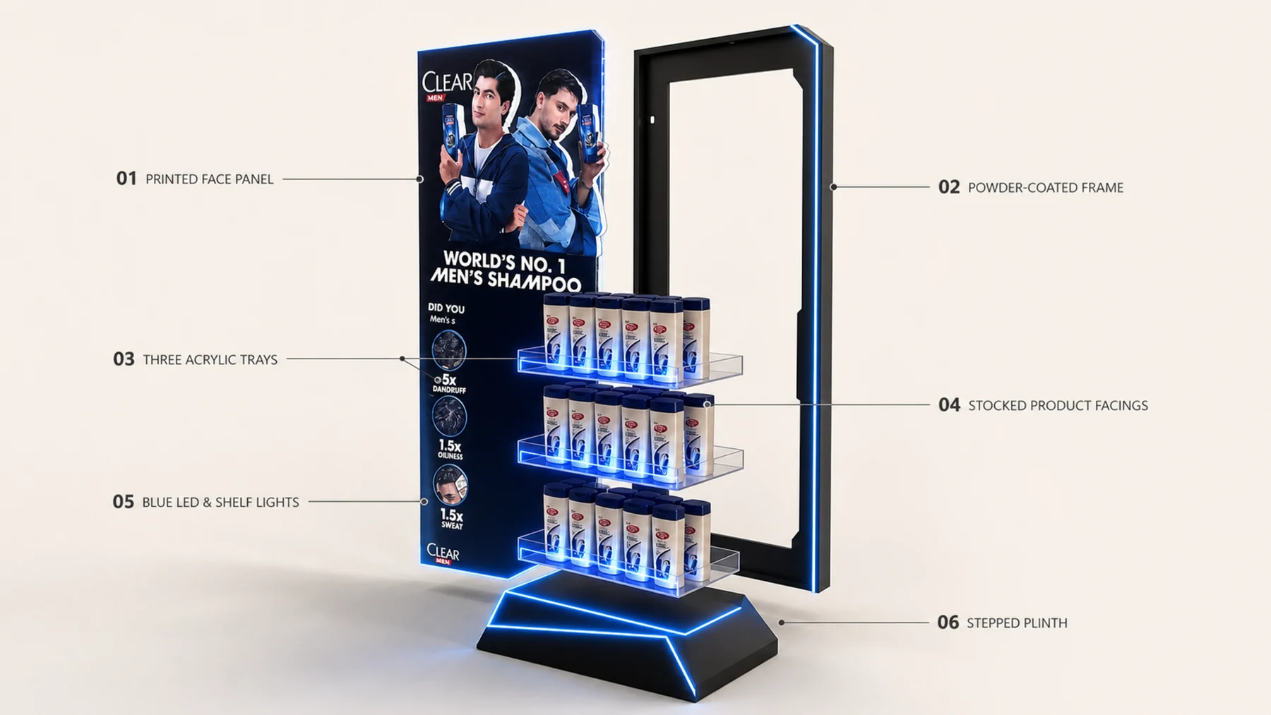 Labelled conceptual exploded construction view of the illuminated freestanding unit