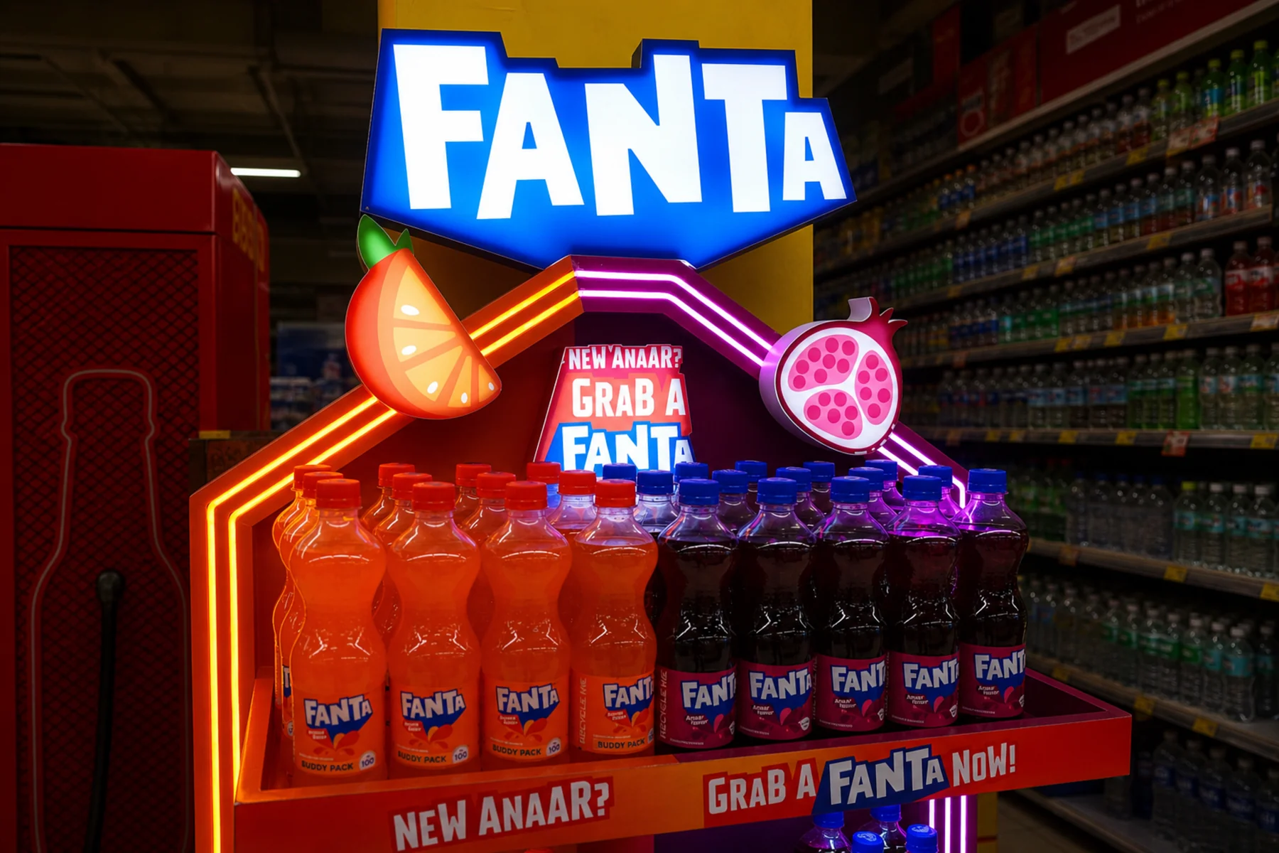 Close view of the Fanta header with the orange and pomegranate cut-outs