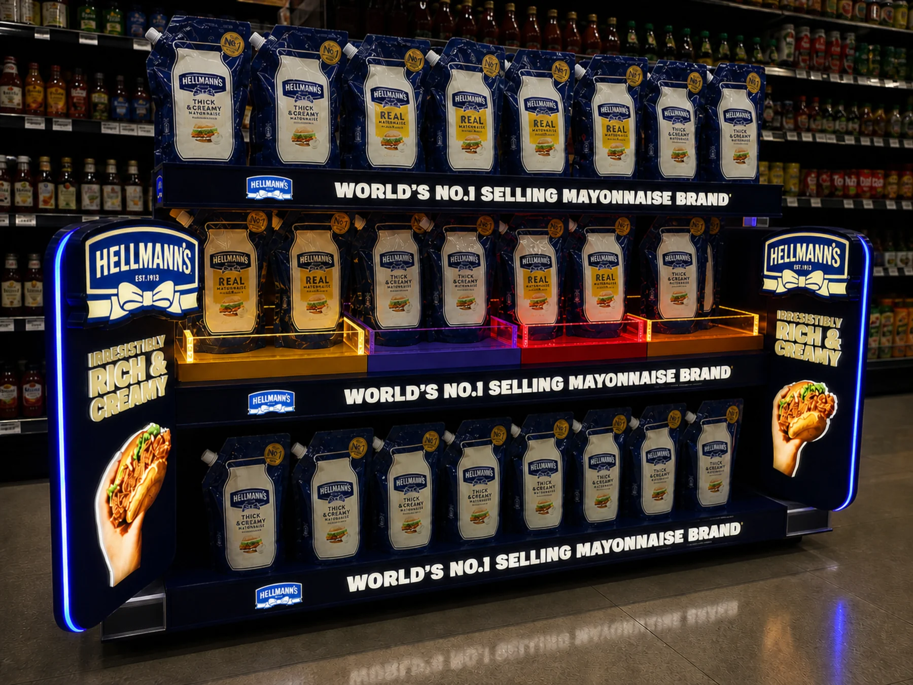 Hellmann's illuminated mayonnaise category bay seen head-on with its lit centre tray
