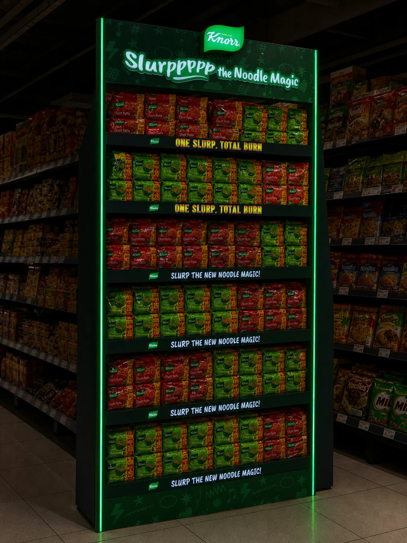 Green illuminated Knorr Slurrp noodle freestanding unit in a store aisle