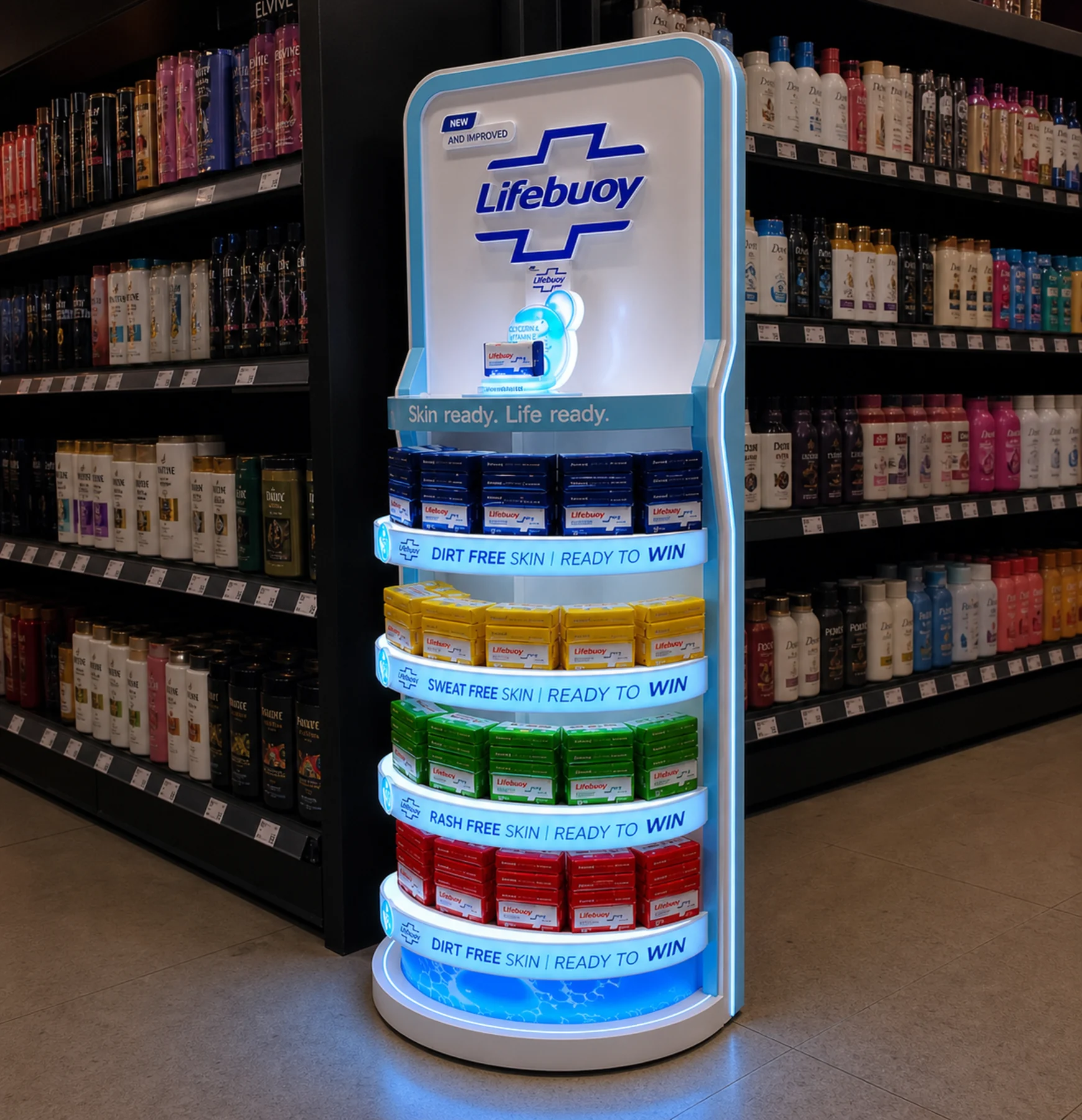 Illuminated Lifebuoy tiered soap tower standing at the head of a personal-care aisle