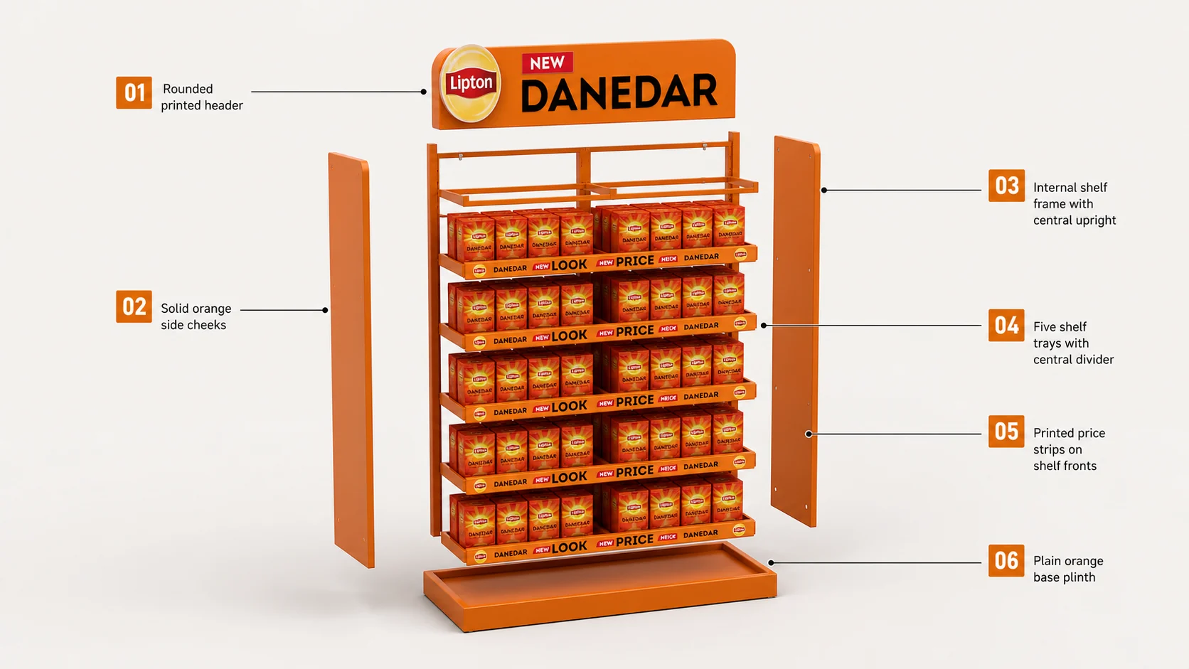 Labelled exploded construction view of the Lipton Danedar modular freestanding unit