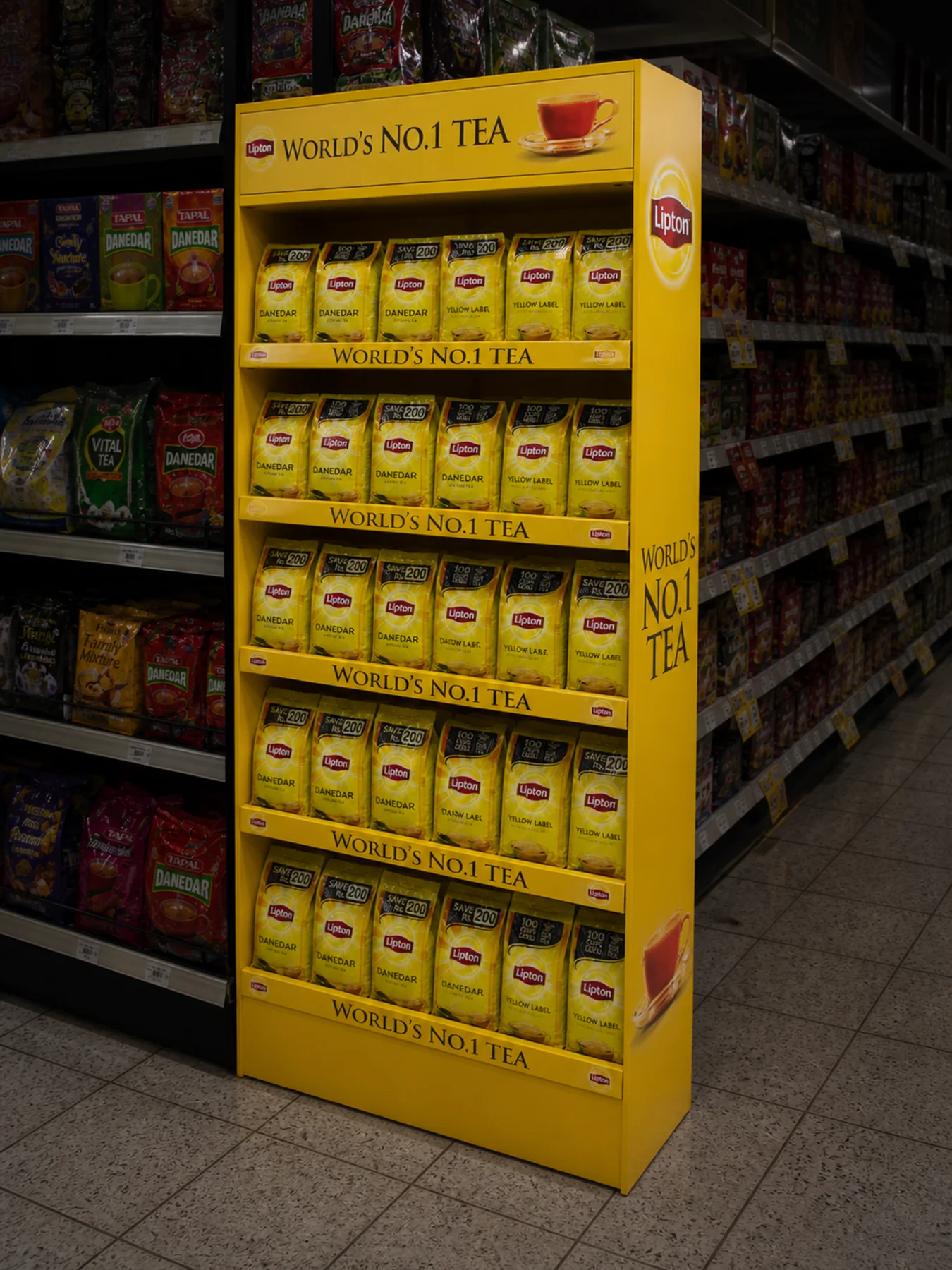 Lipton World's No.1 Tea branded bay along an aisle