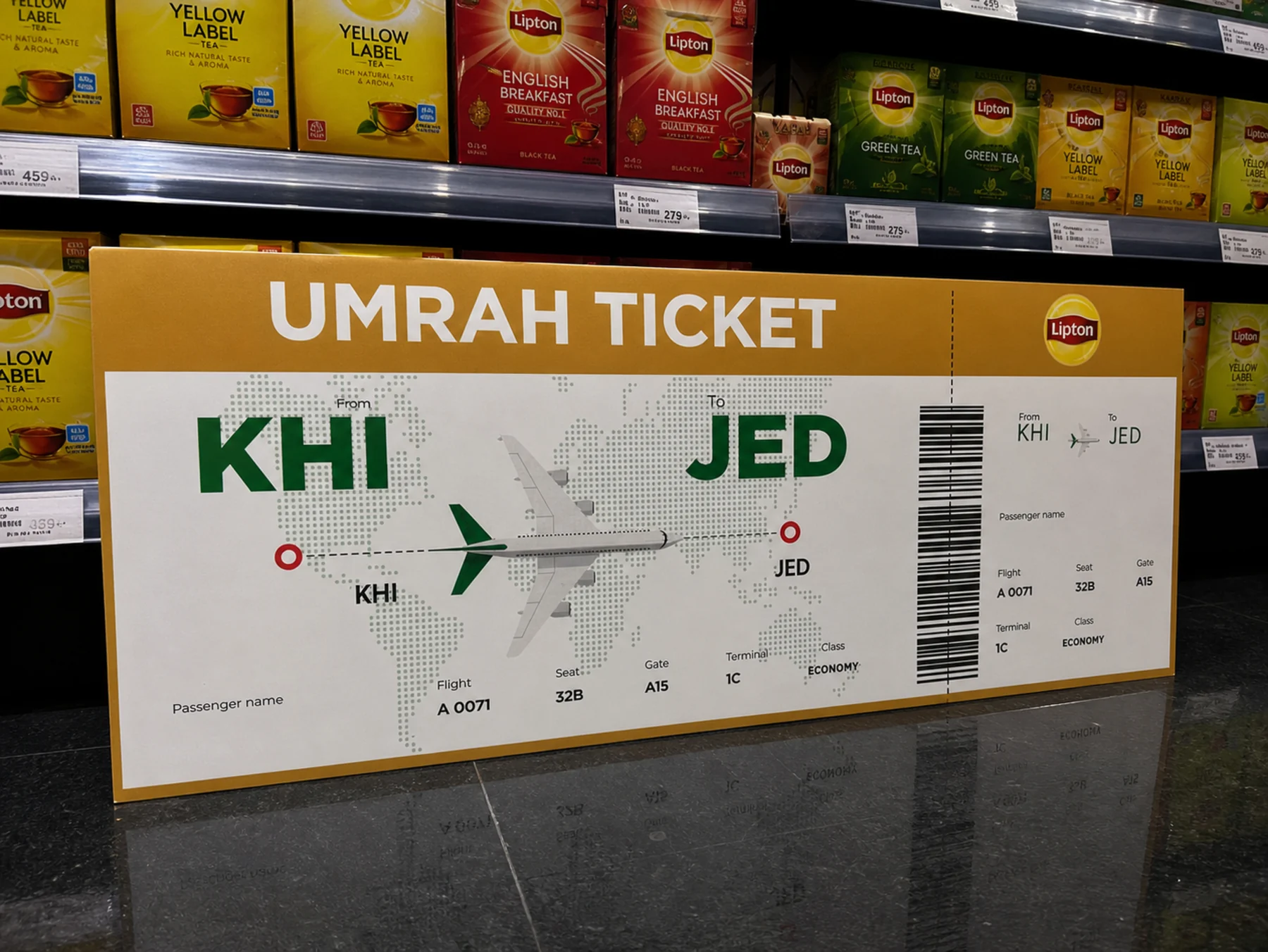 Lipton Umrah ticket shelf-talker on a Karachi shelf