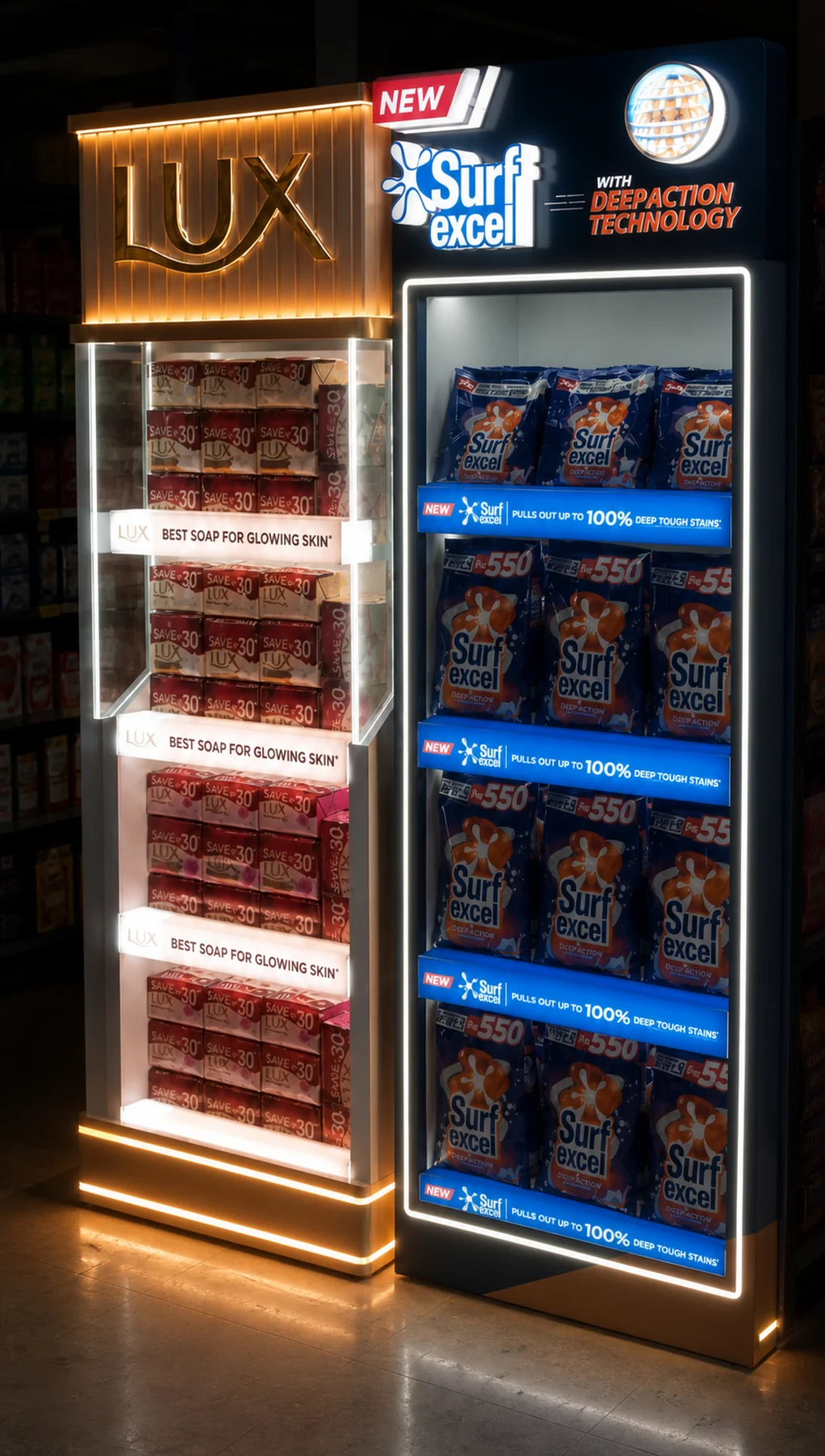 Aisle view of the joined Lux and Surf Excel illuminated fixture