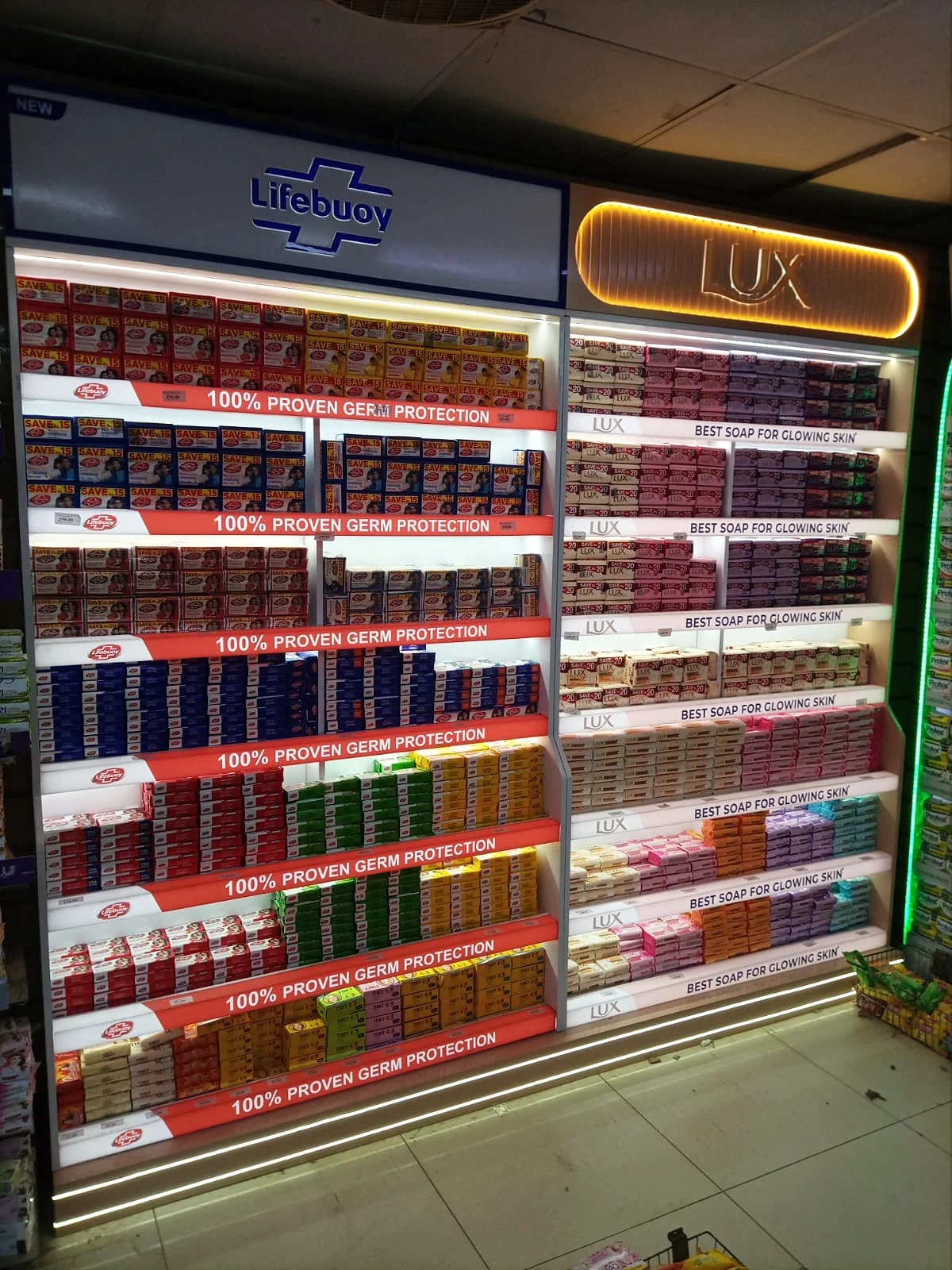 Lux and Lifebuoy illuminated category walls running side by side