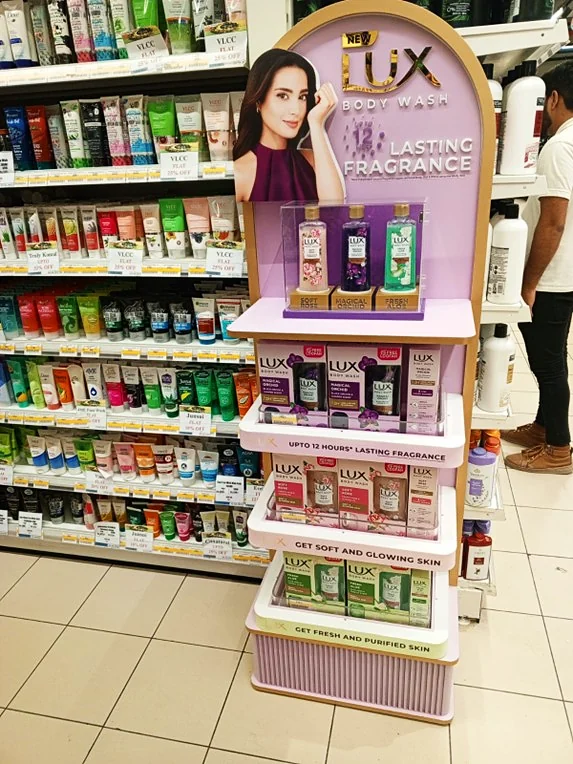 Lux illuminated standee carrying the lasting fragrance range