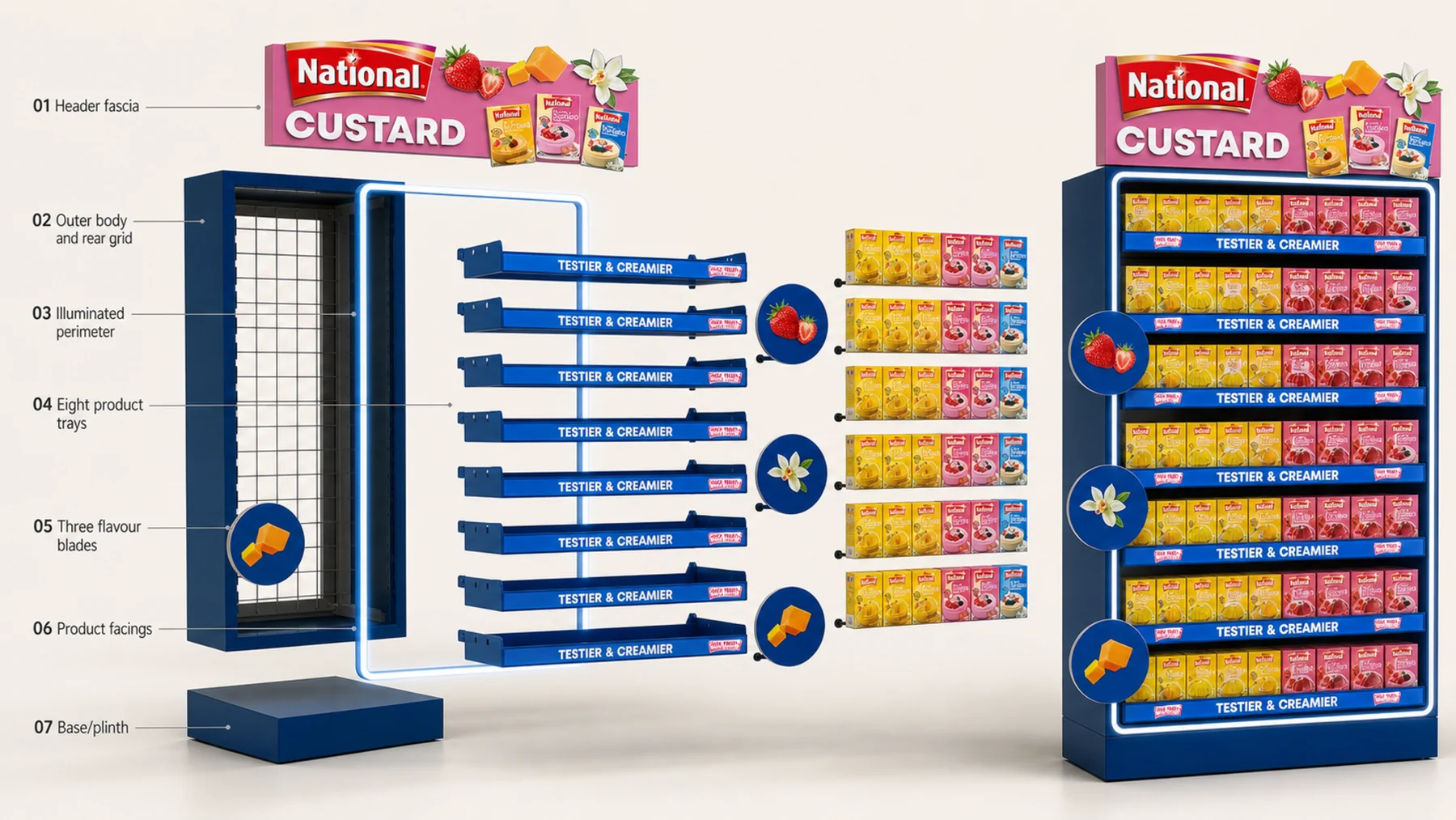Labelled conceptual exploded construction view of the backlit freestanding unit