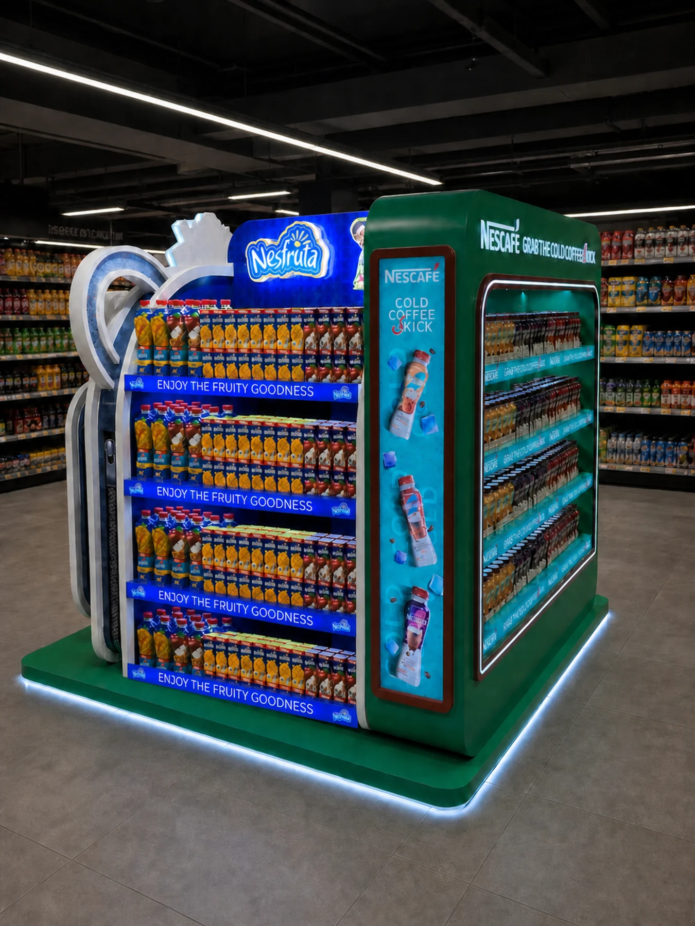 Complete Nestlé multi-brand retail island showing the Nesfruta and Nescafé faces