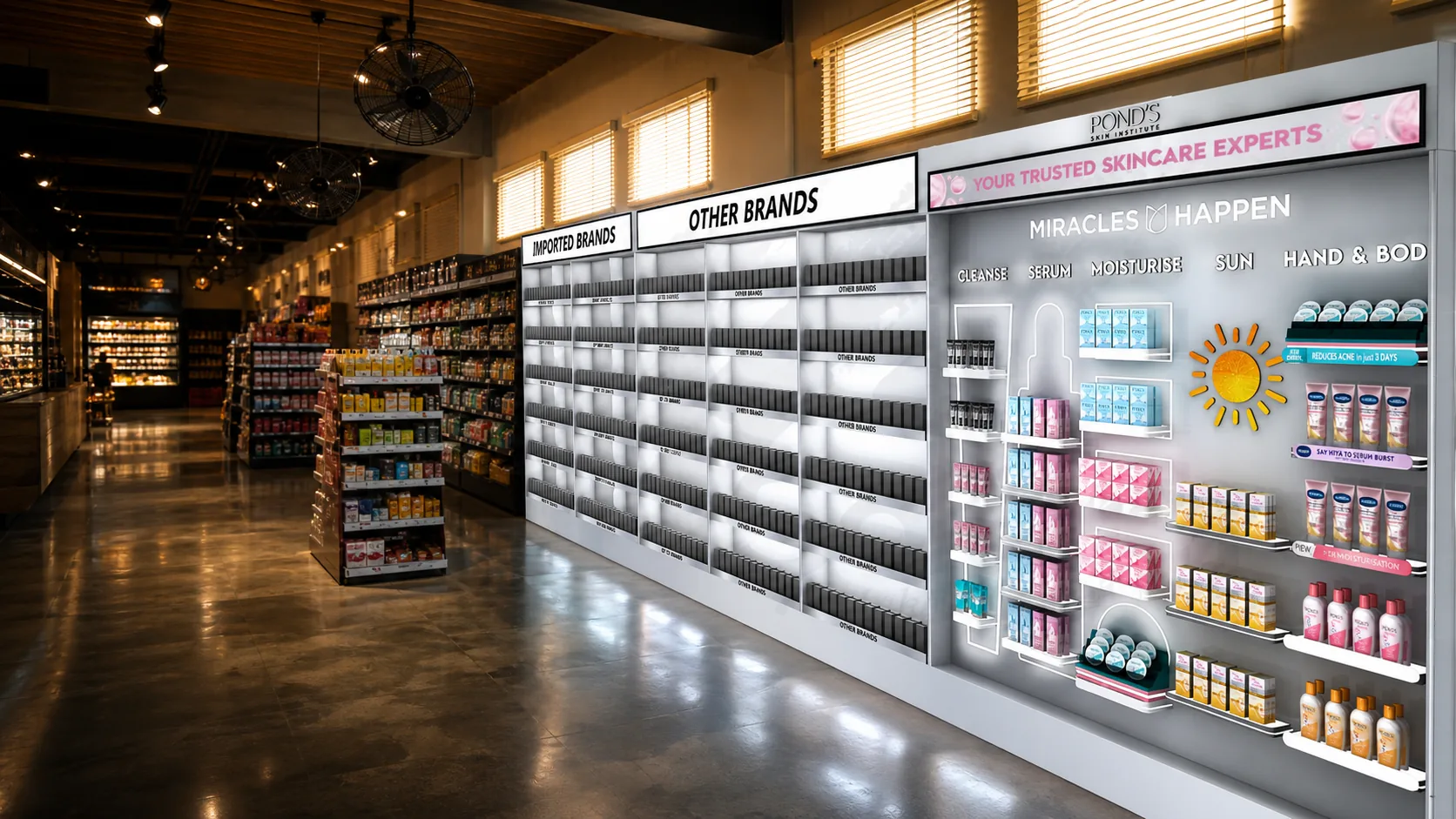 Enhanced cinematic view of the POND’S illuminated category wall developed by PRINTSolutions