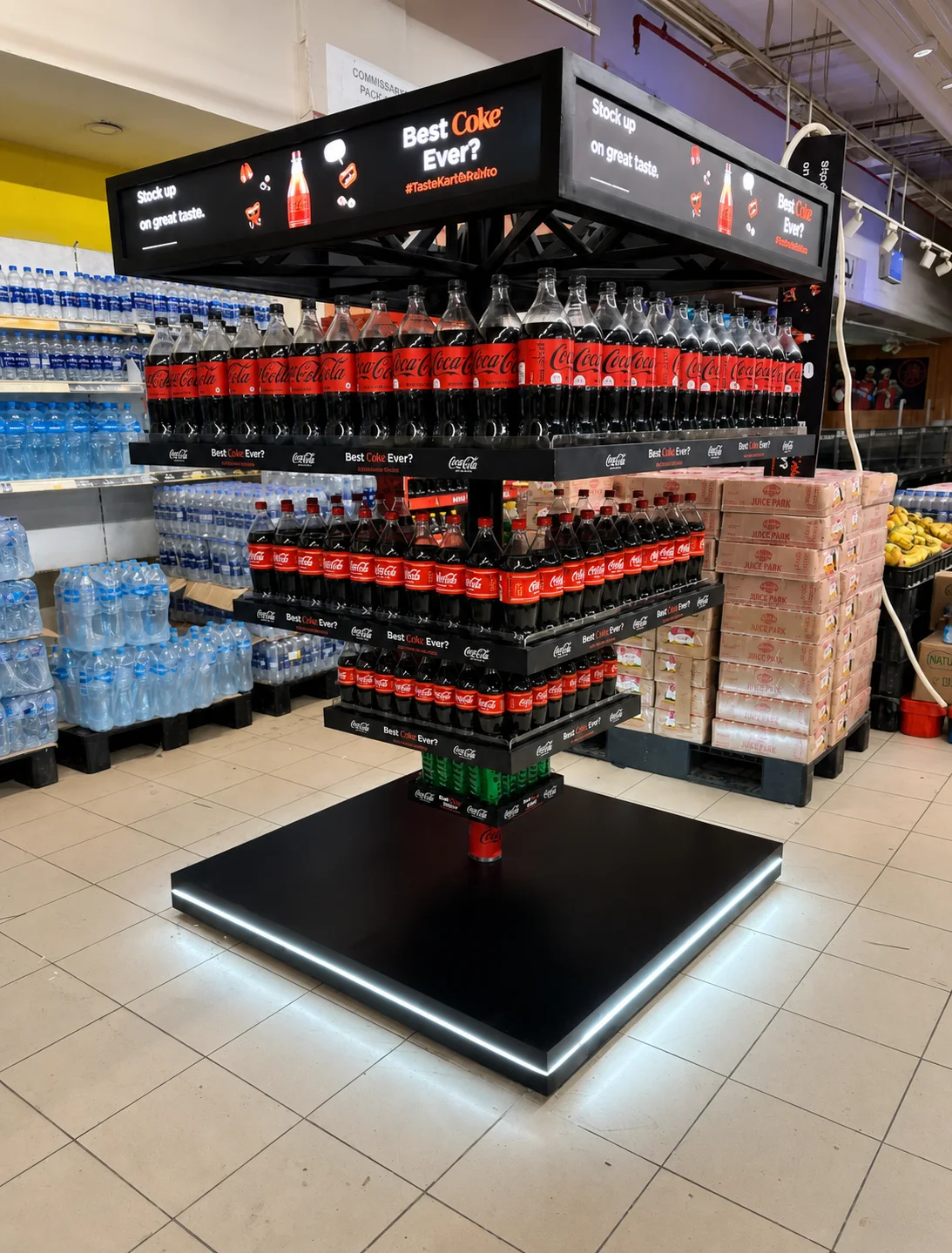 Black illuminated Coca-Cola retail podium