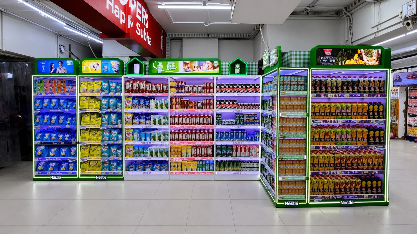 Long multibrand illuminated retail aisle