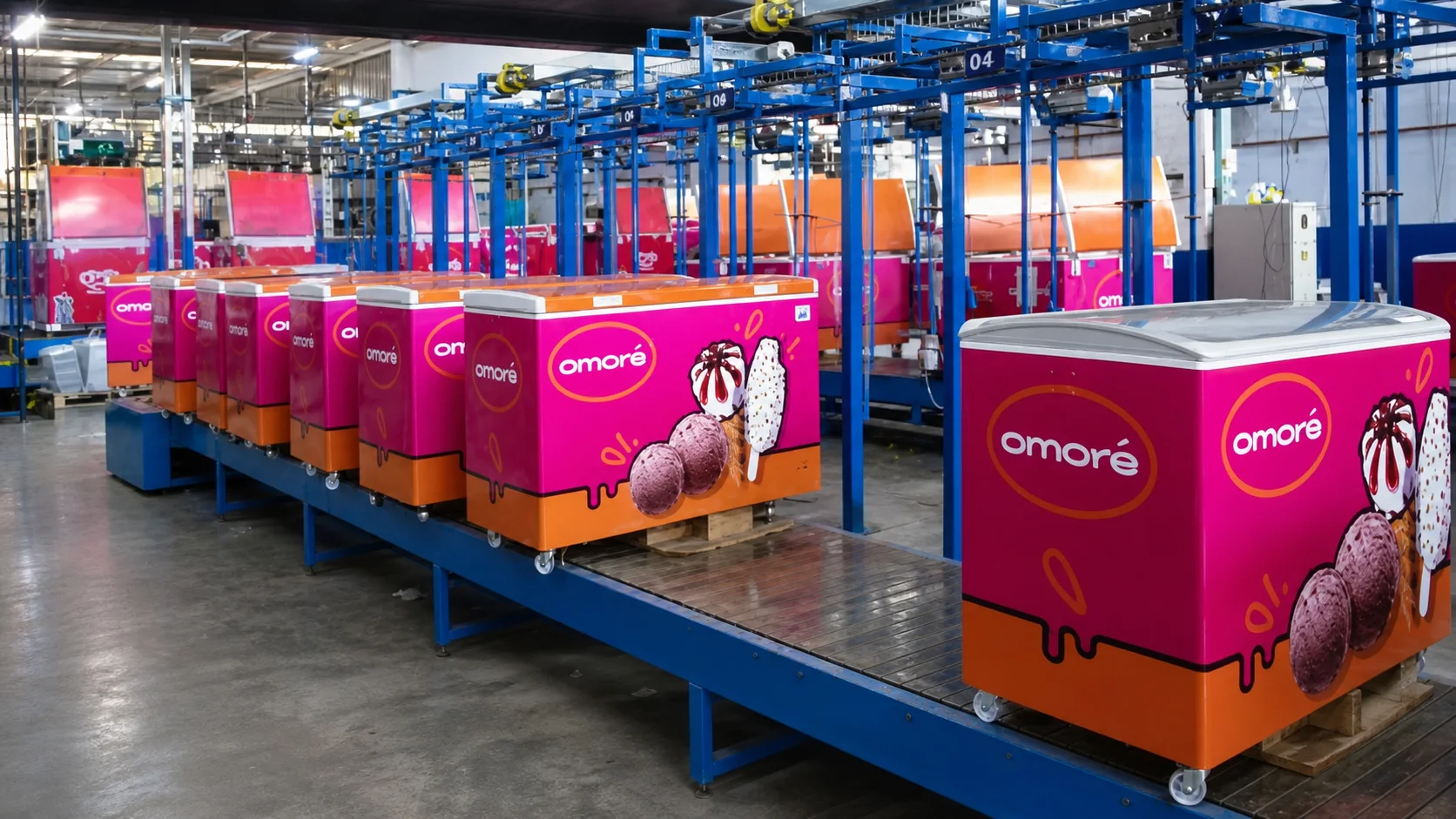 Omore branded freezers on a production line