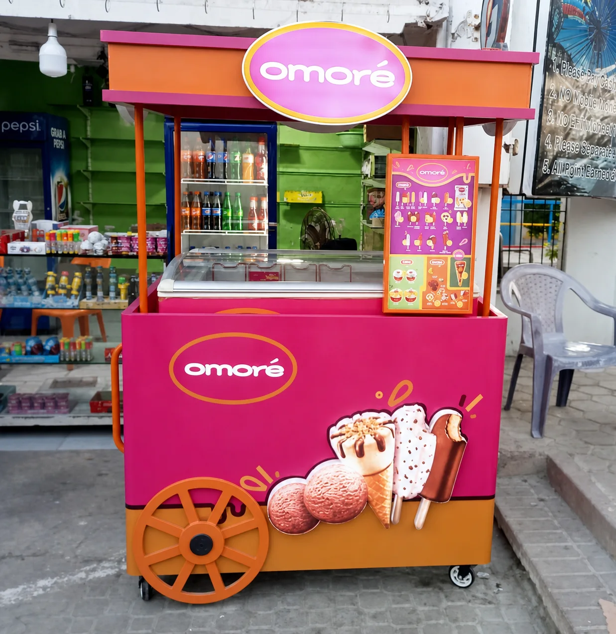 Pink and orange Omore retail cart