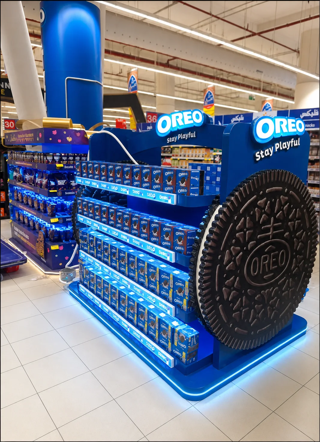 Blue Oreo aisle display with giant cookie
